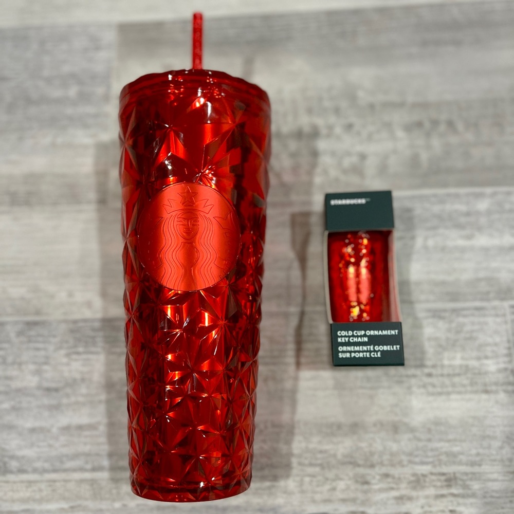 STARBUCKS 2023 HOLIDAY RED PRISM VENTI 24 OZ. TUMBLER‎ & KEYCHAIN ORNAMENT-NWT!